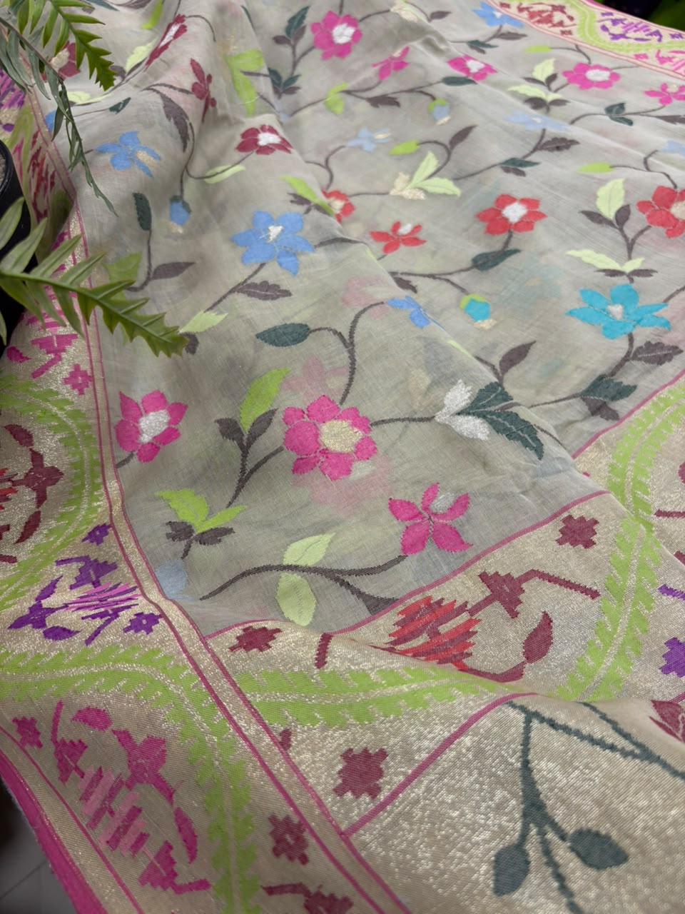 Pastel Banarasi Jamdani Cotton Saree Real Zari Meenakari Bridal