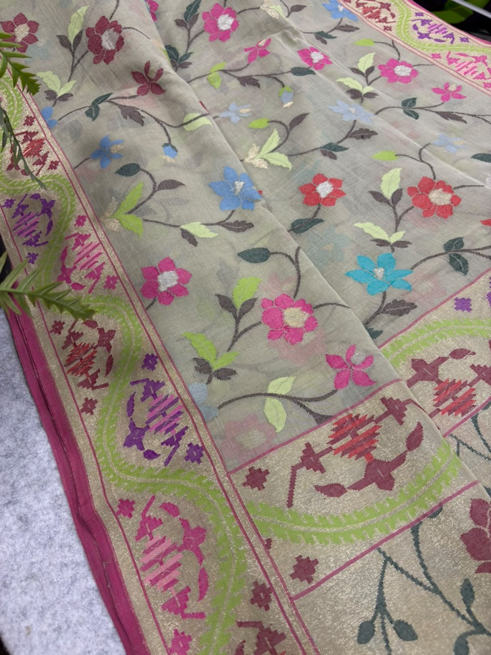 Pastel Banarasi Jamdani Cotton Saree Real Zari Meenakari Bridal