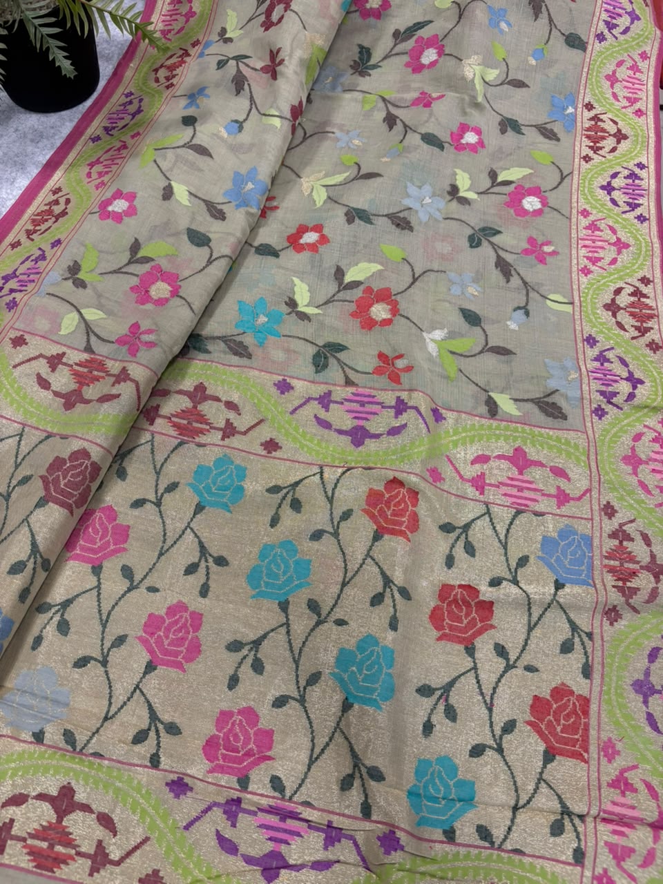 Pastel Banarasi Jamdani Cotton Saree Real Zari Meenakari Bridal