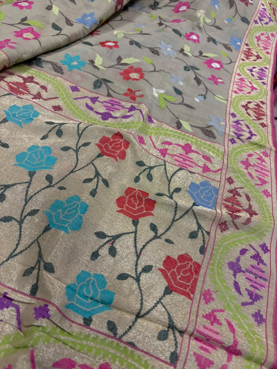 Pastel Banarasi Jamdani Cotton Saree Real Zari Meenakari Bridal