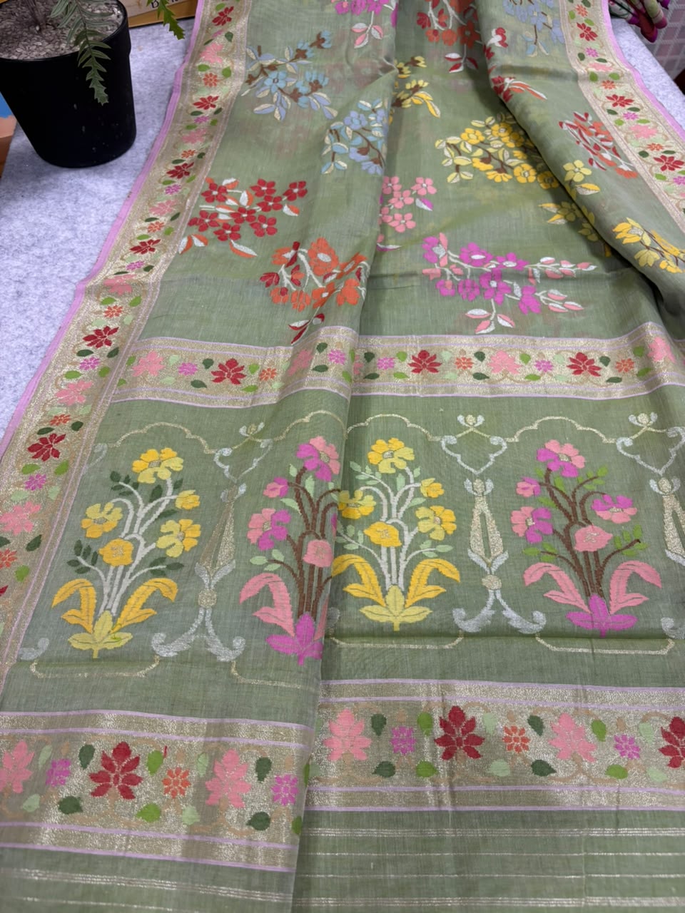 Green Banarasi Jamdani Cotton Saree Real Zari Meenakari Bridal