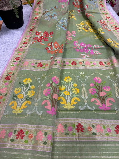 Green Banarasi Jamdani Cotton Saree Real Zari Meenakari Bridal