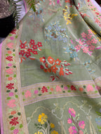 Green Banarasi Jamdani Cotton Saree Real Zari Meenakari Bridal