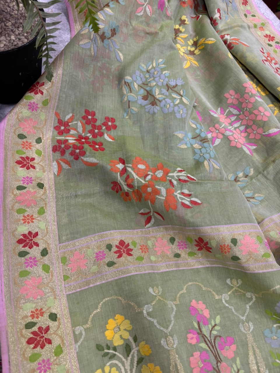 Green Banarasi Jamdani Cotton Saree Real Zari Meenakari Bridal