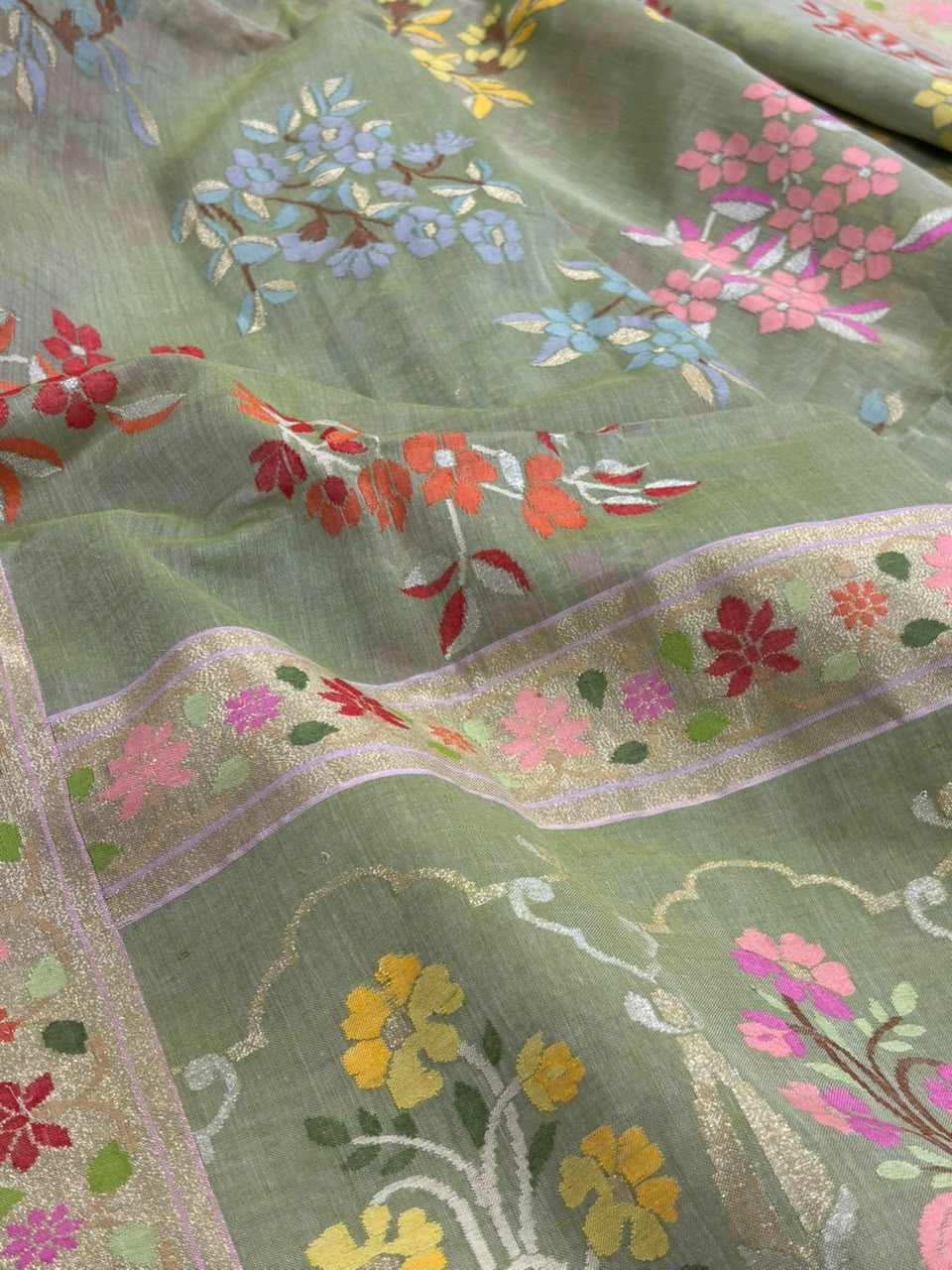 Green Banarasi Jamdani Cotton Saree Real Zari Meenakari Bridal
