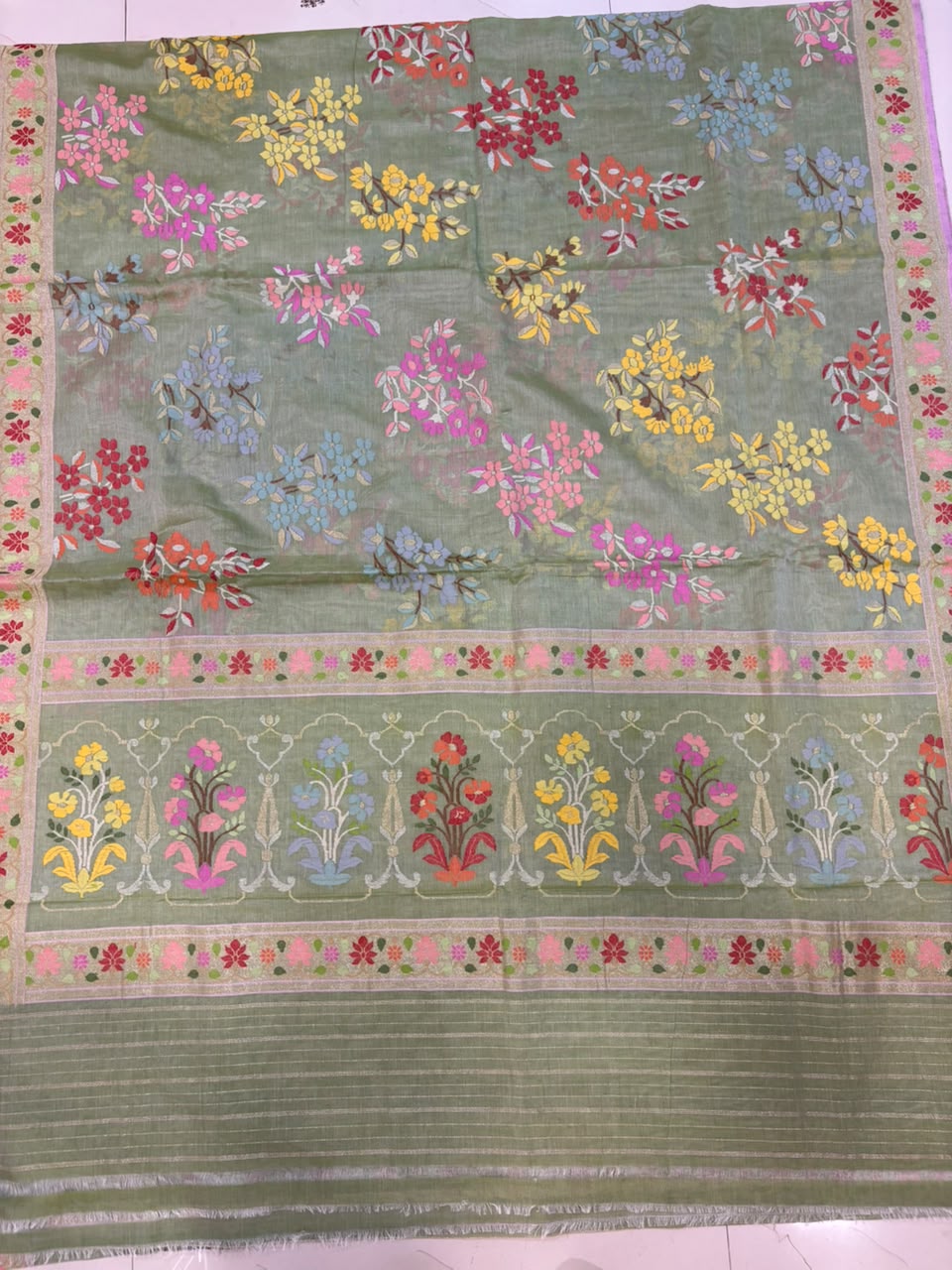Green Banarasi Jamdani Cotton Saree Real Zari Meenakari Bridal