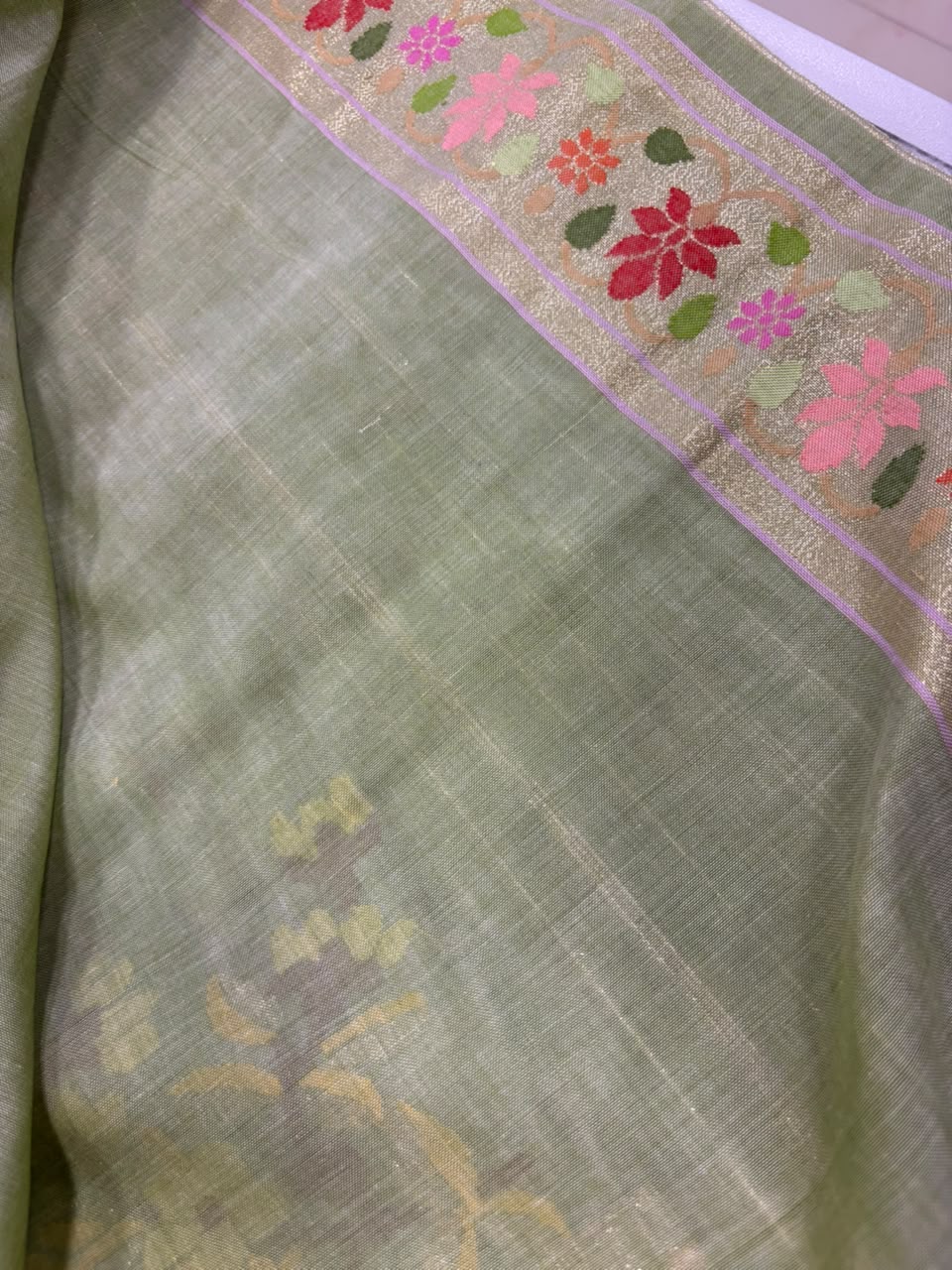 Green Banarasi Jamdani Cotton Saree Real Zari Meenakari Bridal