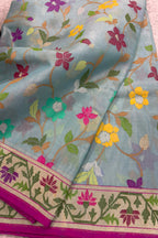 Blue Banarasi Jamdani Cotton Saree Real Zari Meenakari Bridal