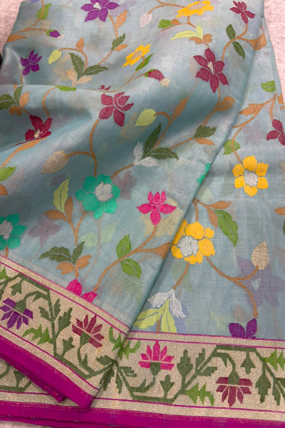 Blue Banarasi Jamdani Cotton Saree Real Zari Meenakari Bridal