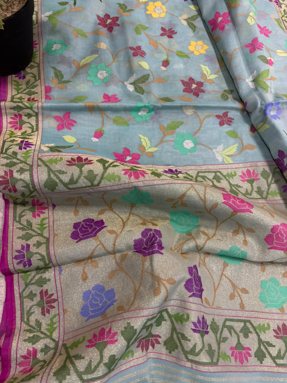 Blue Banarasi Jamdani Cotton Saree Real Zari Meenakari Bridal