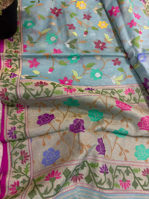 Blue Banarasi Jamdani Cotton Saree Real Zari Meenakari Bridal