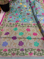 Blue Banarasi Jamdani Cotton Saree Real Zari Meenakari Bridal