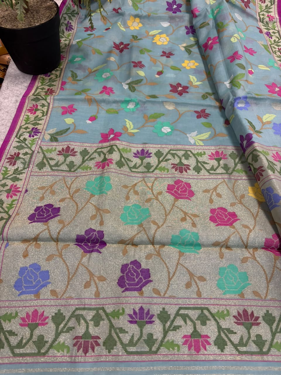 Blue Banarasi Jamdani Cotton Saree Real Zari Meenakari Bridal