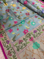 Blue Banarasi Jamdani Cotton Saree Real Zari Meenakari Bridal