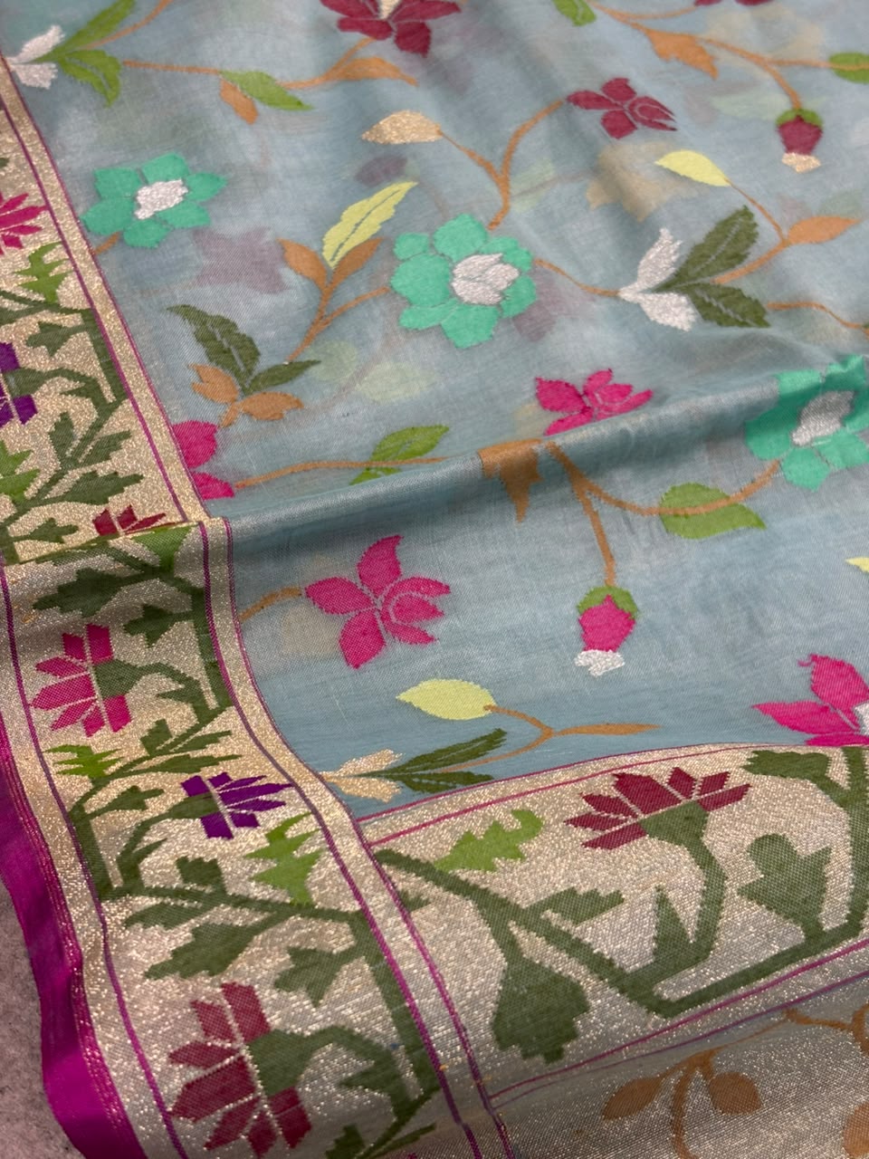 Blue Banarasi Jamdani Cotton Saree Real Zari Meenakari Bridal