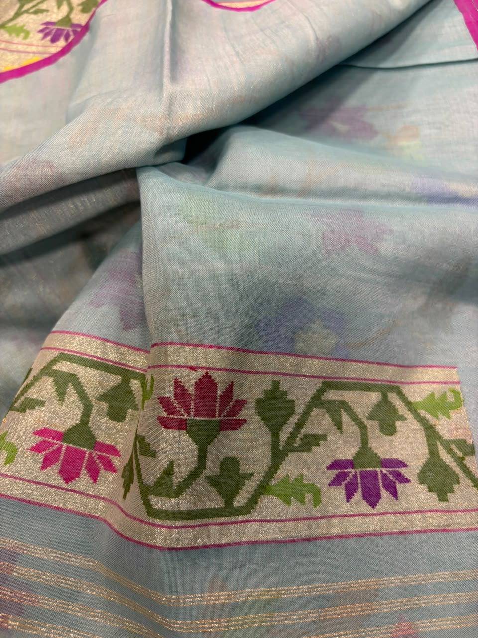 Blue Banarasi Jamdani Cotton Saree Real Zari Meenakari Bridal