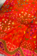 Orange Banarasi Jamdani Cotton Saree Real Zari Meenakari Bridal