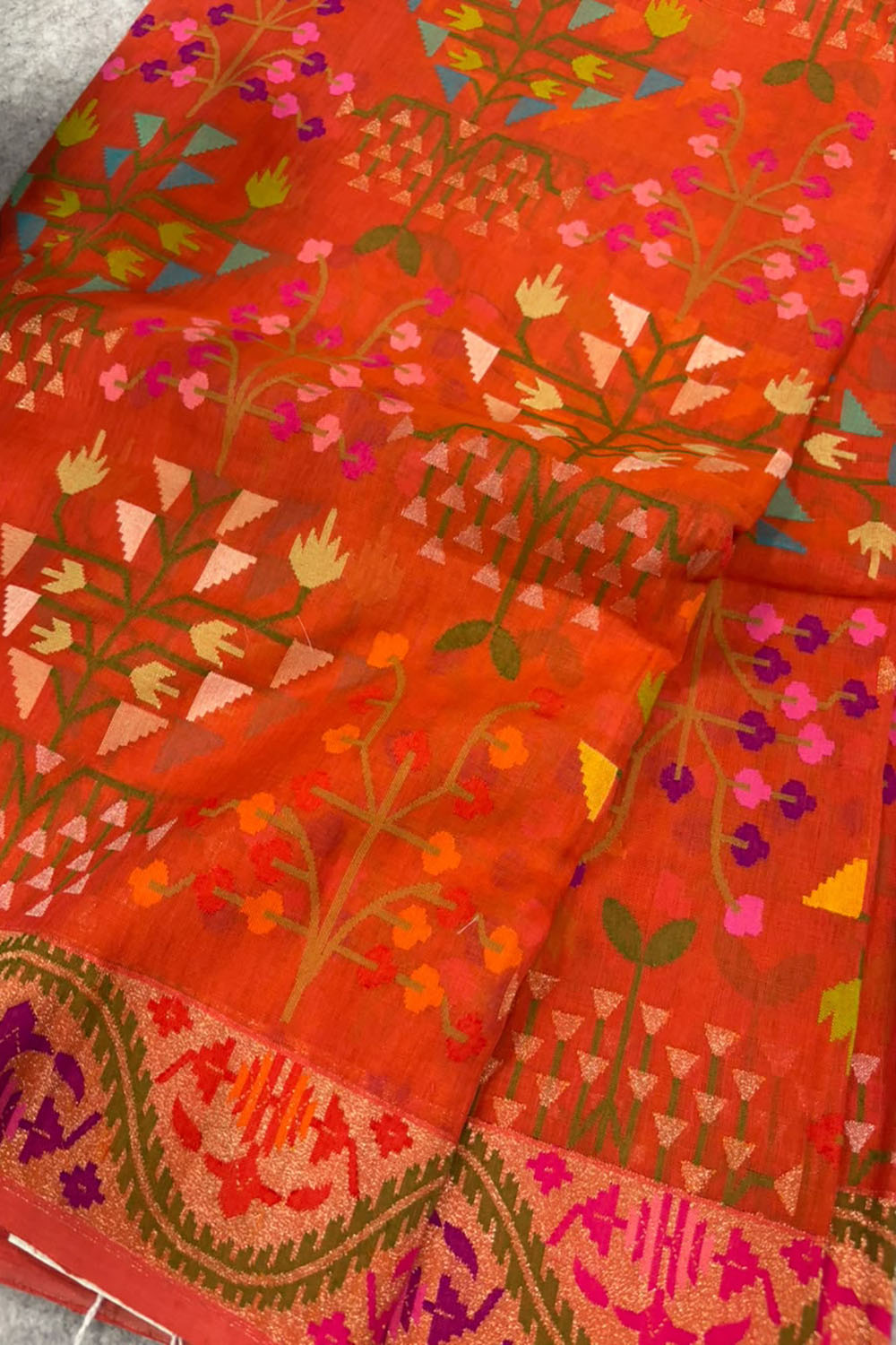 Orange Banarasi Jamdani Cotton Saree Real Zari Meenakari Bridal