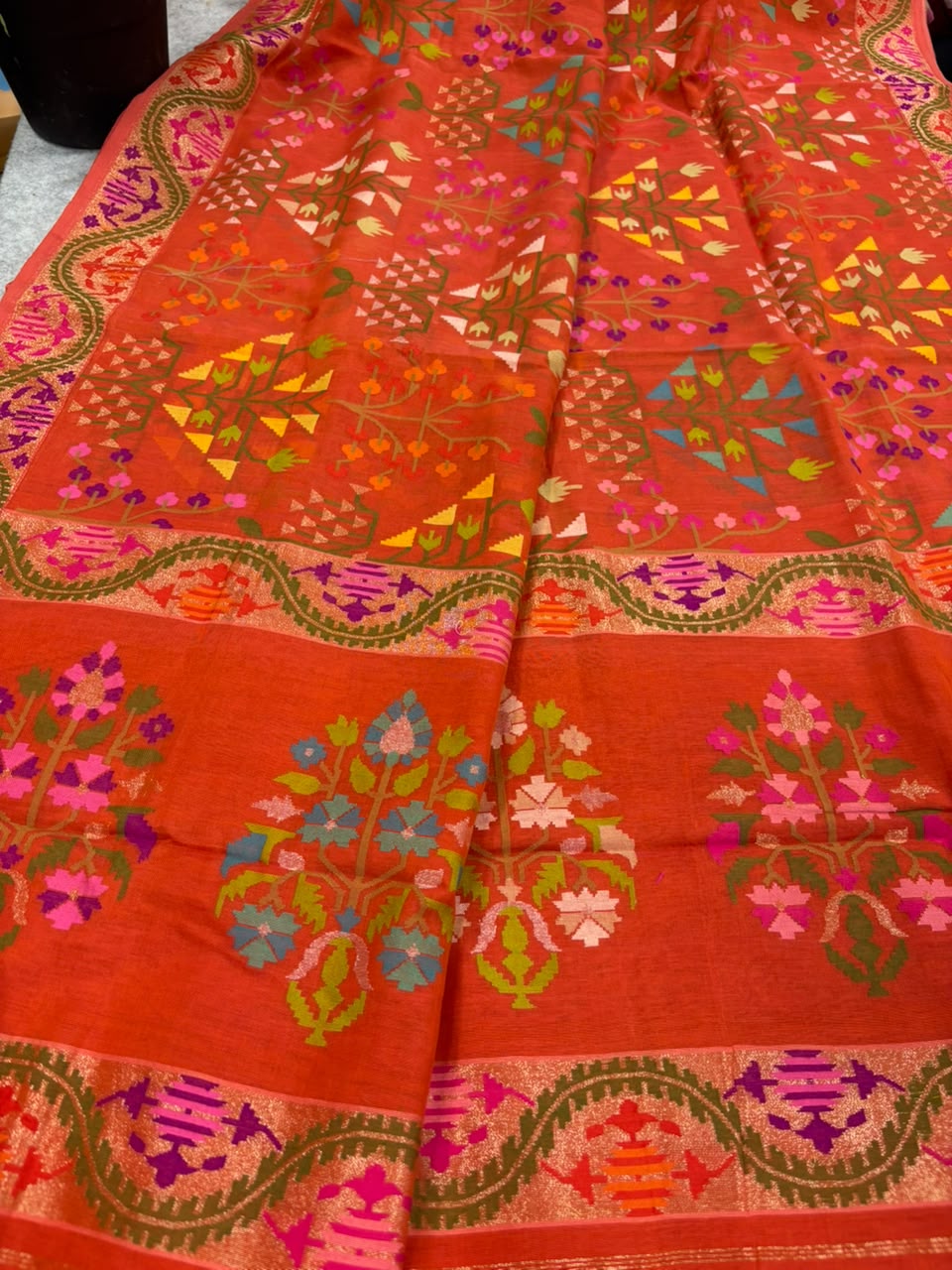 Orange Banarasi Jamdani Cotton Saree Real Zari Meenakari Bridal