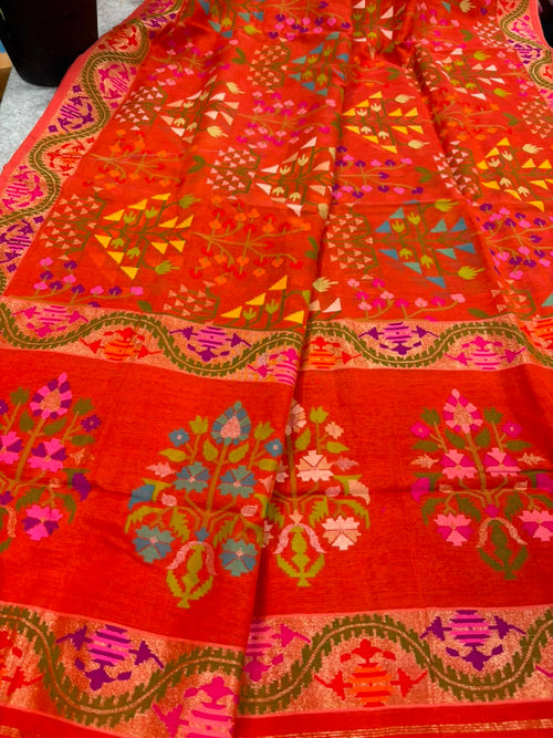 Orange Banarasi Jamdani Cotton Saree Real Zari Meenakari Bridal