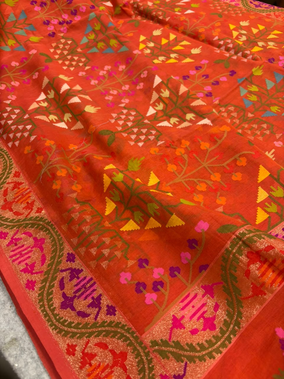 Orange Banarasi Jamdani Cotton Saree Real Zari Meenakari Bridal