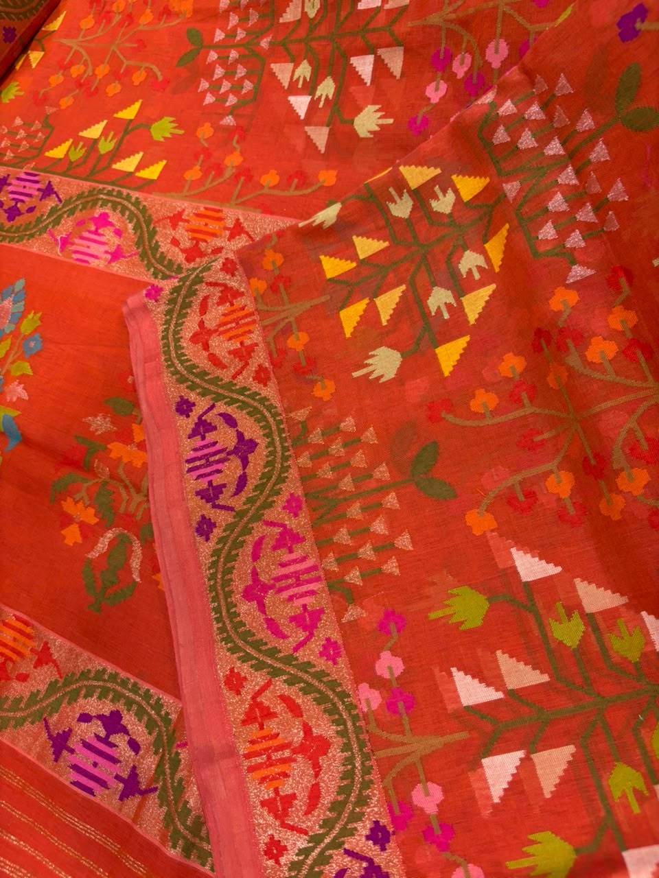 Orange Banarasi Jamdani Cotton Saree Real Zari Meenakari Bridal