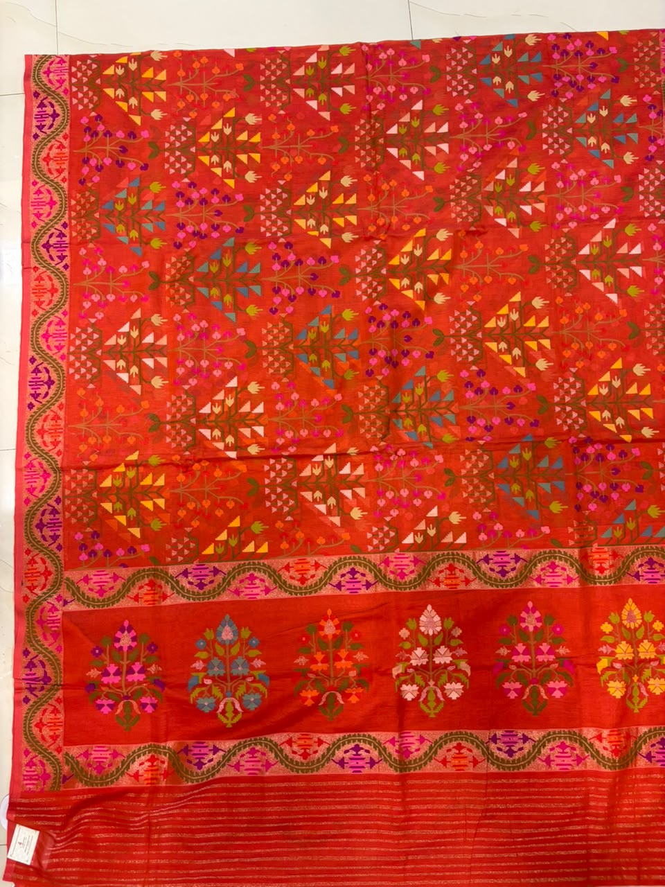 Orange Banarasi Jamdani Cotton Saree Real Zari Meenakari Bridal