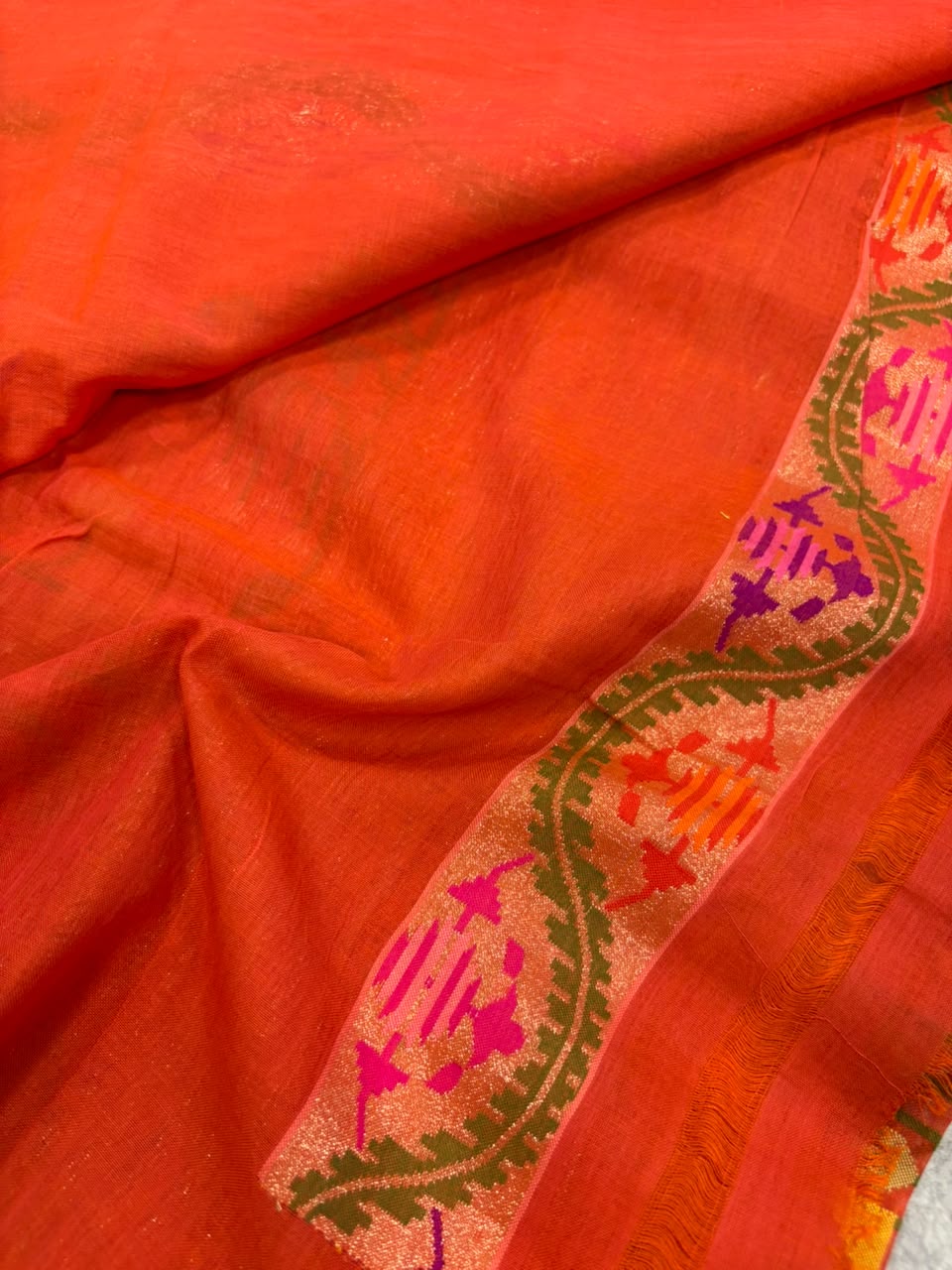 Orange Banarasi Jamdani Cotton Saree Real Zari Meenakari Bridal