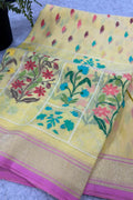 Yellow Banarasi Jamdani Cotton Saree Real Zari Meenakari Bridal