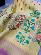 Yellow Banarasi Jamdani Cotton Saree Real Zari Meenakari Bridal