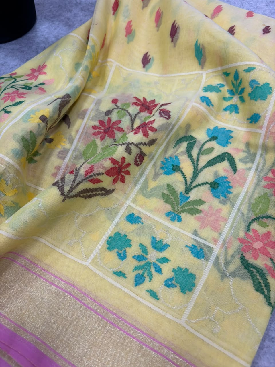 Yellow Banarasi Jamdani Cotton Saree Real Zari Meenakari Bridal
