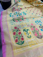 Yellow Banarasi Jamdani Cotton Saree Real Zari Meenakari Bridal