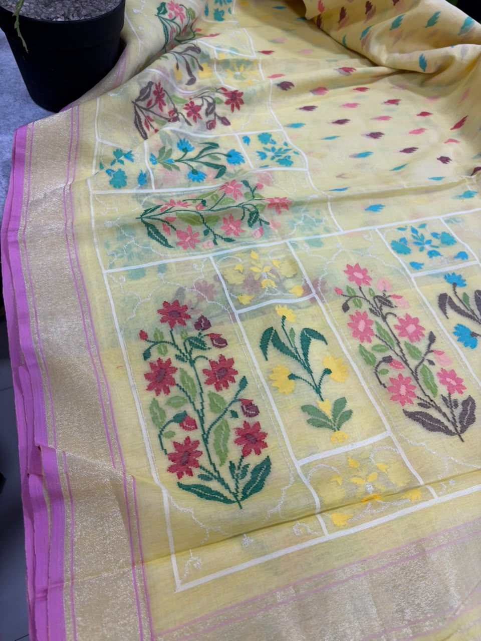 Yellow Banarasi Jamdani Cotton Saree Real Zari Meenakari Bridal
