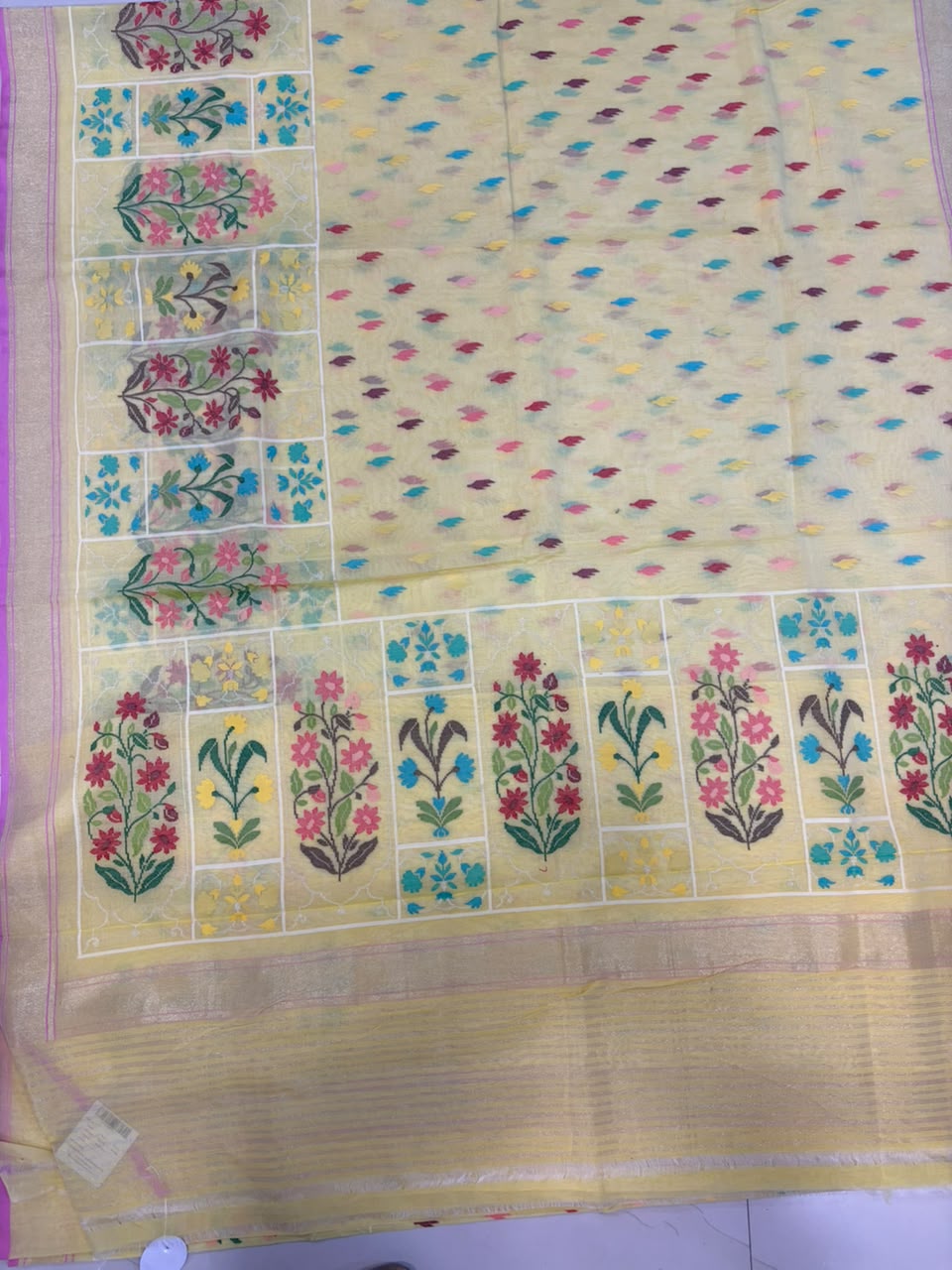 Yellow Banarasi Jamdani Cotton Saree Real Zari Meenakari Bridal