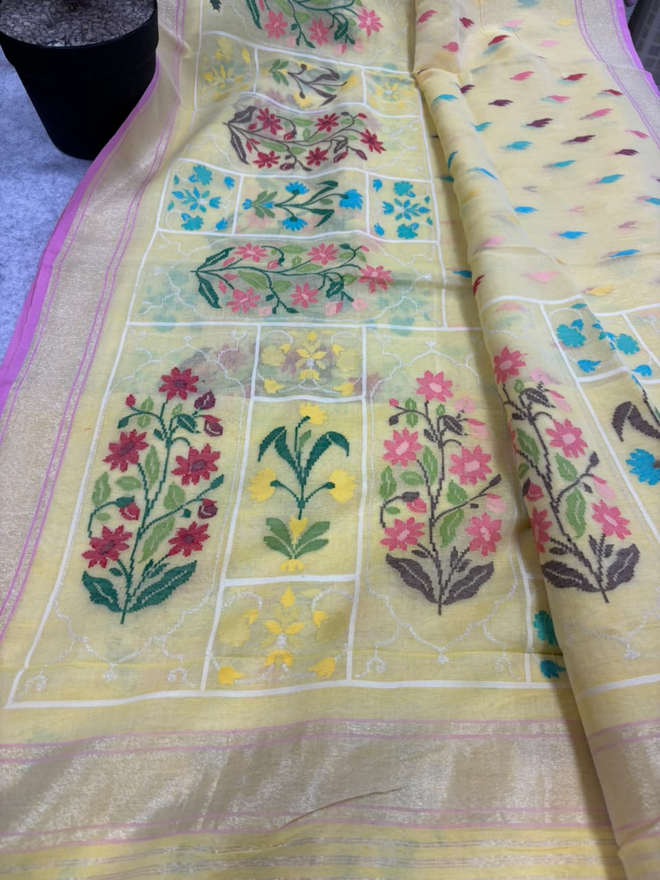 Yellow Banarasi Jamdani Cotton Saree Real Zari Meenakari Bridal