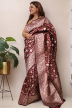 Elegant Maroon Handloom Banarasi Pure Katan Silk Jaal Work Flower Design Saree - Luxurion World