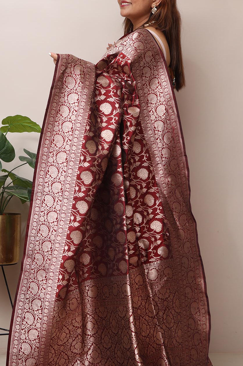 Elegant Maroon Handloom Banarasi Pure Katan Silk Jaal Work Flower Design Saree - Luxurion World