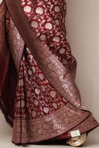 Elegant Maroon Handloom Banarasi Pure Katan Silk Jaal Work Flower Design Saree - Luxurion World
