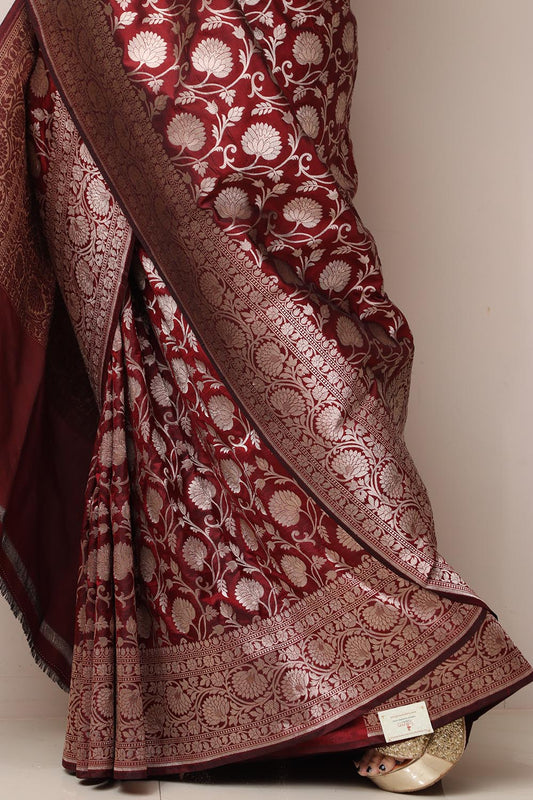 Elegant Maroon Handloom Banarasi Pure Katan Silk Jaal Work Flower Design Saree - Luxurion World