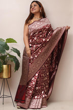Elegant Maroon Handloom Banarasi Pure Katan Silk Jaal Work Flower Design Saree - Luxurion World