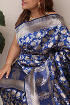 Exquisite Blue Handloom Banarasi Pure Katan Silk Flower Design Saree - Luxurion World