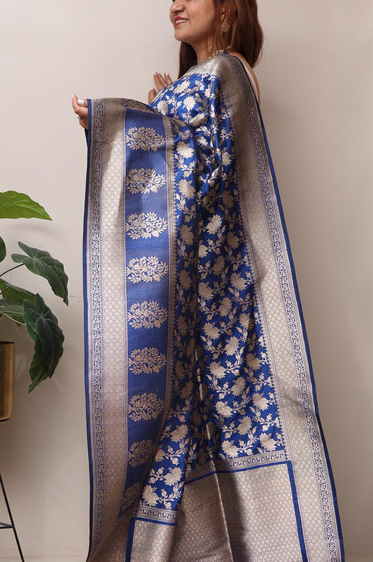 Exquisite Blue Handloom Banarasi Pure Katan Silk Flower Design Saree - Luxurion World