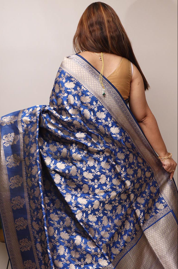 Exquisite Blue Handloom Banarasi Pure Katan Silk Flower Design Saree - Luxurion World