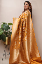 Yellow Handloom Banarasi Pure Katan Silk Flower Design Saree - Luxurion World