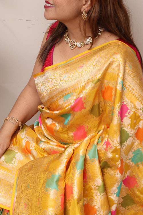 Yellow Handloom Banarasi Pure Katan Silk Flower Design Meenakari Saree - Luxurion World