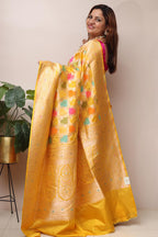 Yellow Handloom Banarasi Pure Katan Silk Flower Design Meenakari Saree - Luxurion World