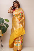 Yellow Handloom Banarasi Pure Katan Silk Flower Design Meenakari Saree - Luxurion World