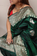 Exquisite Green Handloom Banarasi Pure Katan Silk Flower Design Saree - Luxurion World