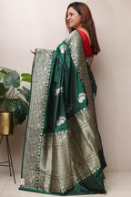 Exquisite Green Handloom Banarasi Pure Katan Silk Flower Design Saree - Luxurion World