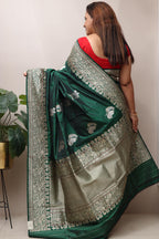 Exquisite Green Handloom Banarasi Pure Katan Silk Flower Design Saree - Luxurion World